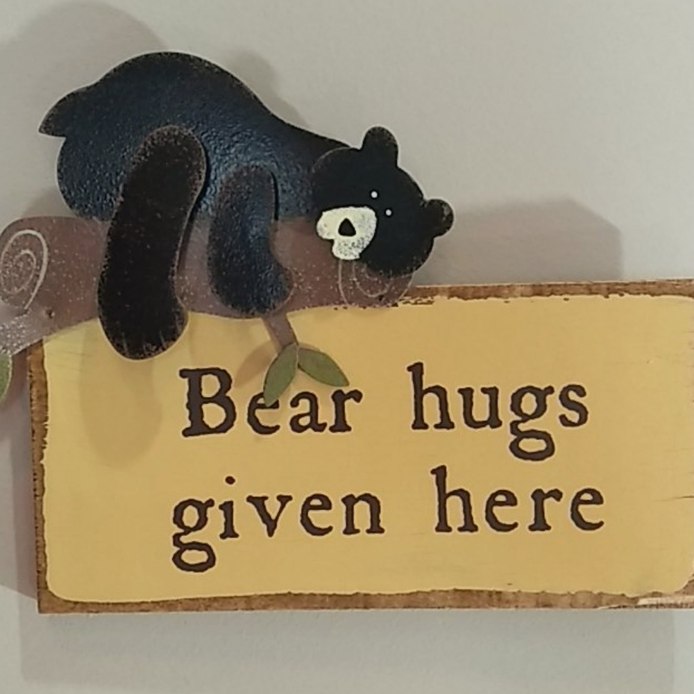 Small Bear hugs wood and a metal sign